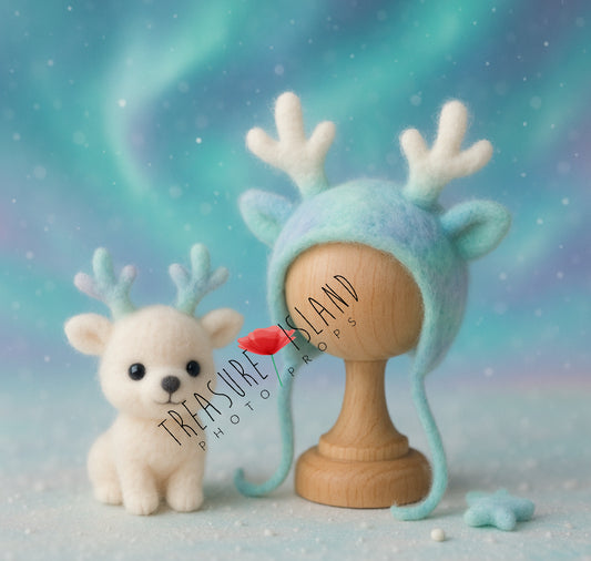 Aurora Borealis felted reindeer bonnet and mini reindeer handmade from merino wool for newborn and sitter photography