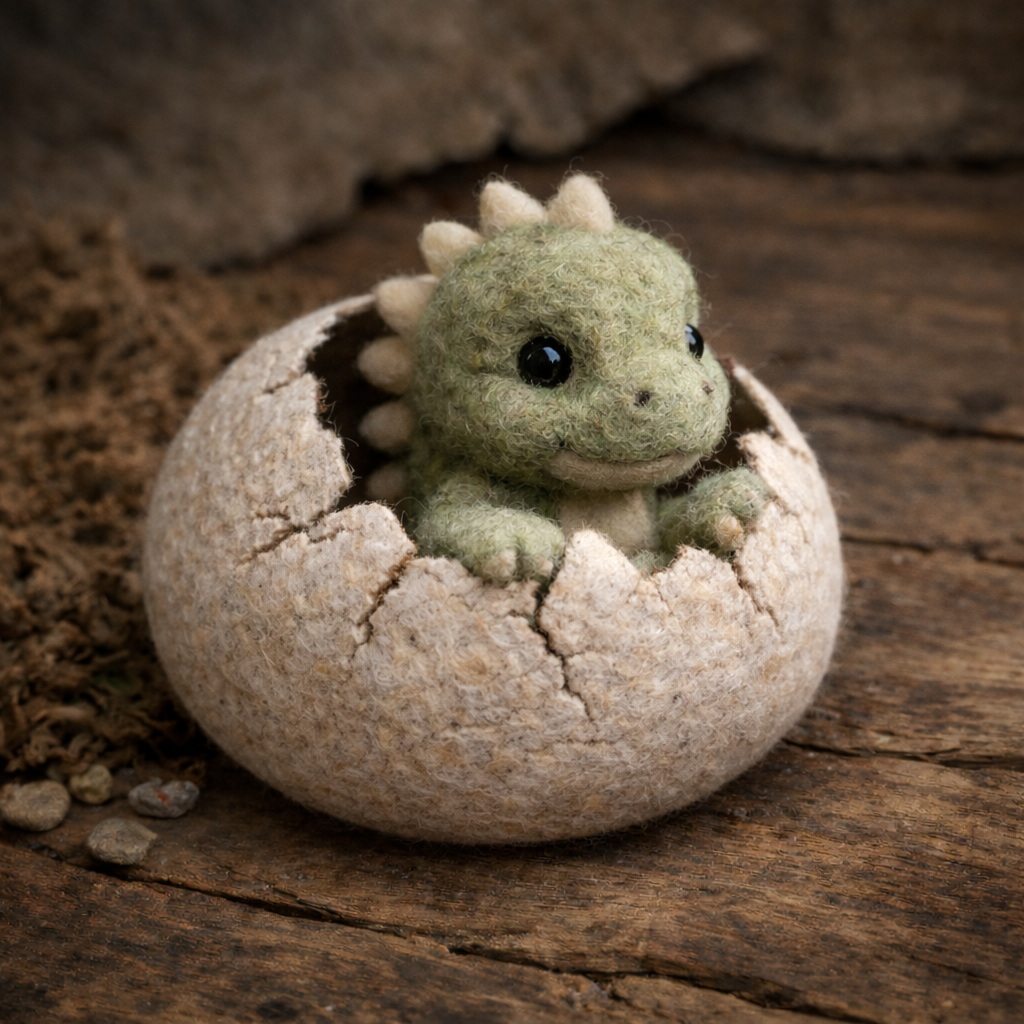 Hand-felted Baby Dino Hatchling emerging from a cracked wool egg photography prop