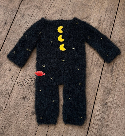 Black celestial Witch romper with golden moon and star details for Fine Art baby photography