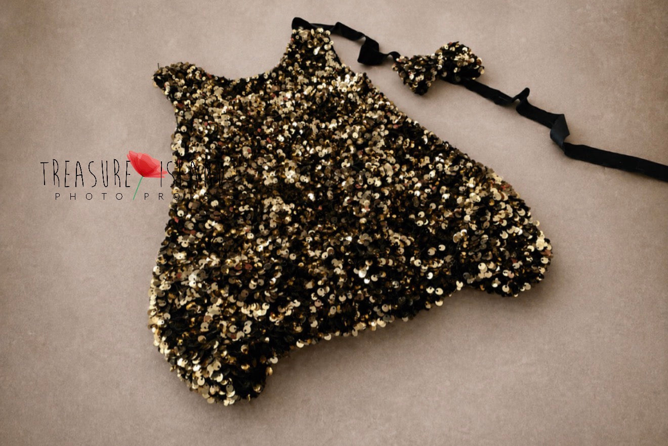 Black and gold sequin bubble baby photography dress with matching bow headband