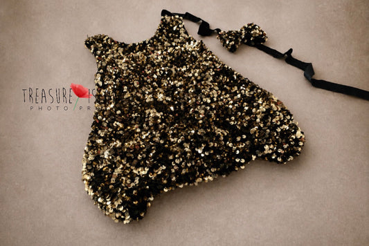 Black and gold sequin bubble baby photography dress with matching bow headband