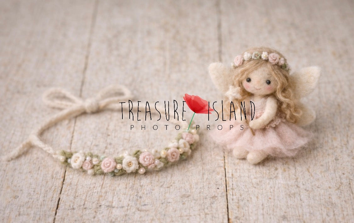 Blush hand-felted fairy doll with matching floral newborn wreath photography prop set