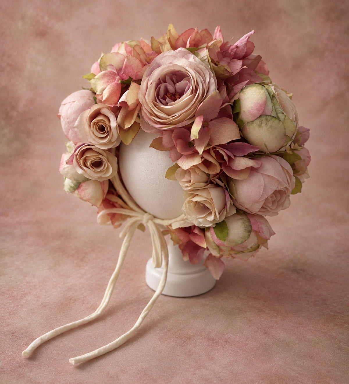 Blush rose floral bonnet with soft pink and ivory artificial flowers for newborn and sitter photography