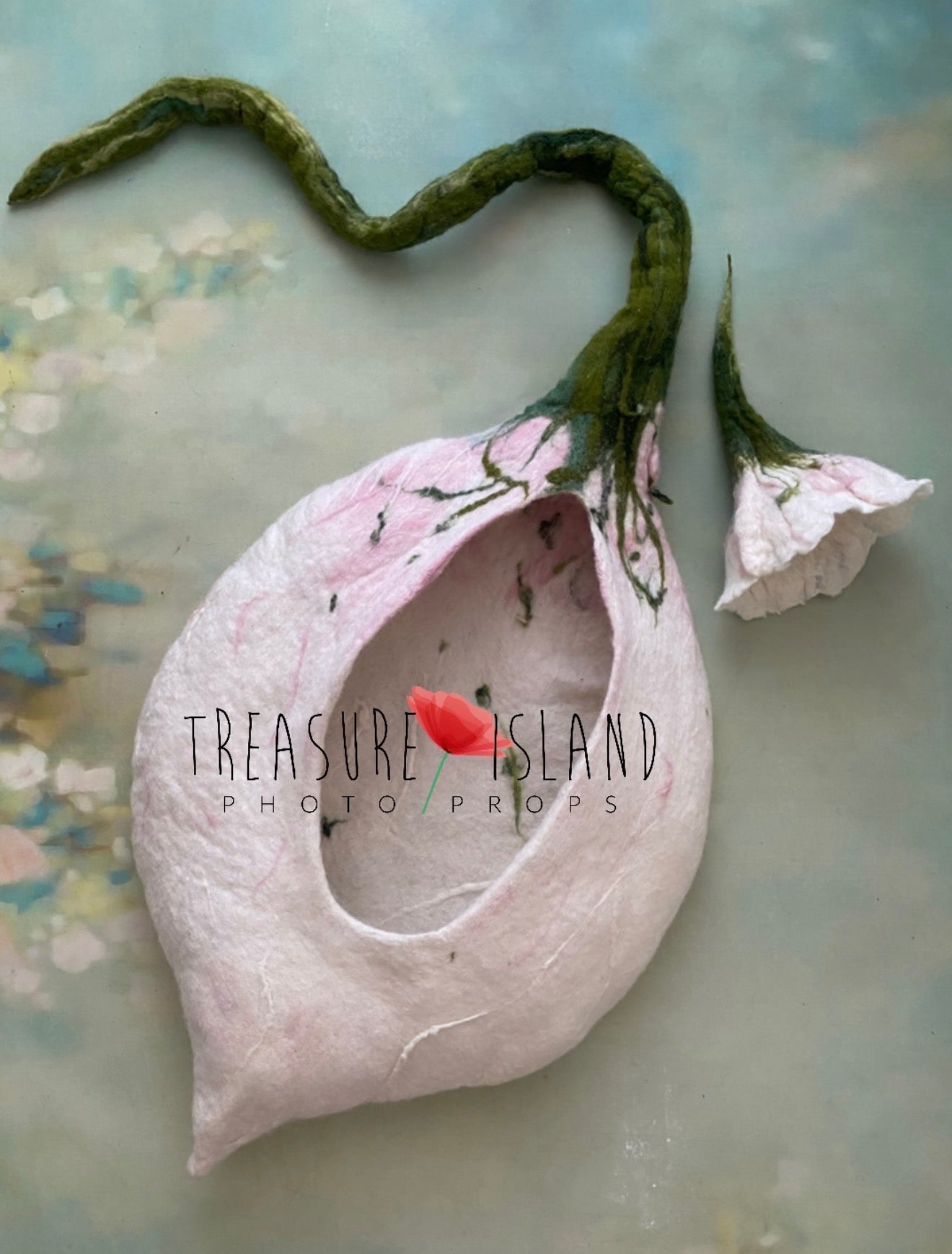 Blush pink and white felted flower cocoon with matching bonnet for newborn photography