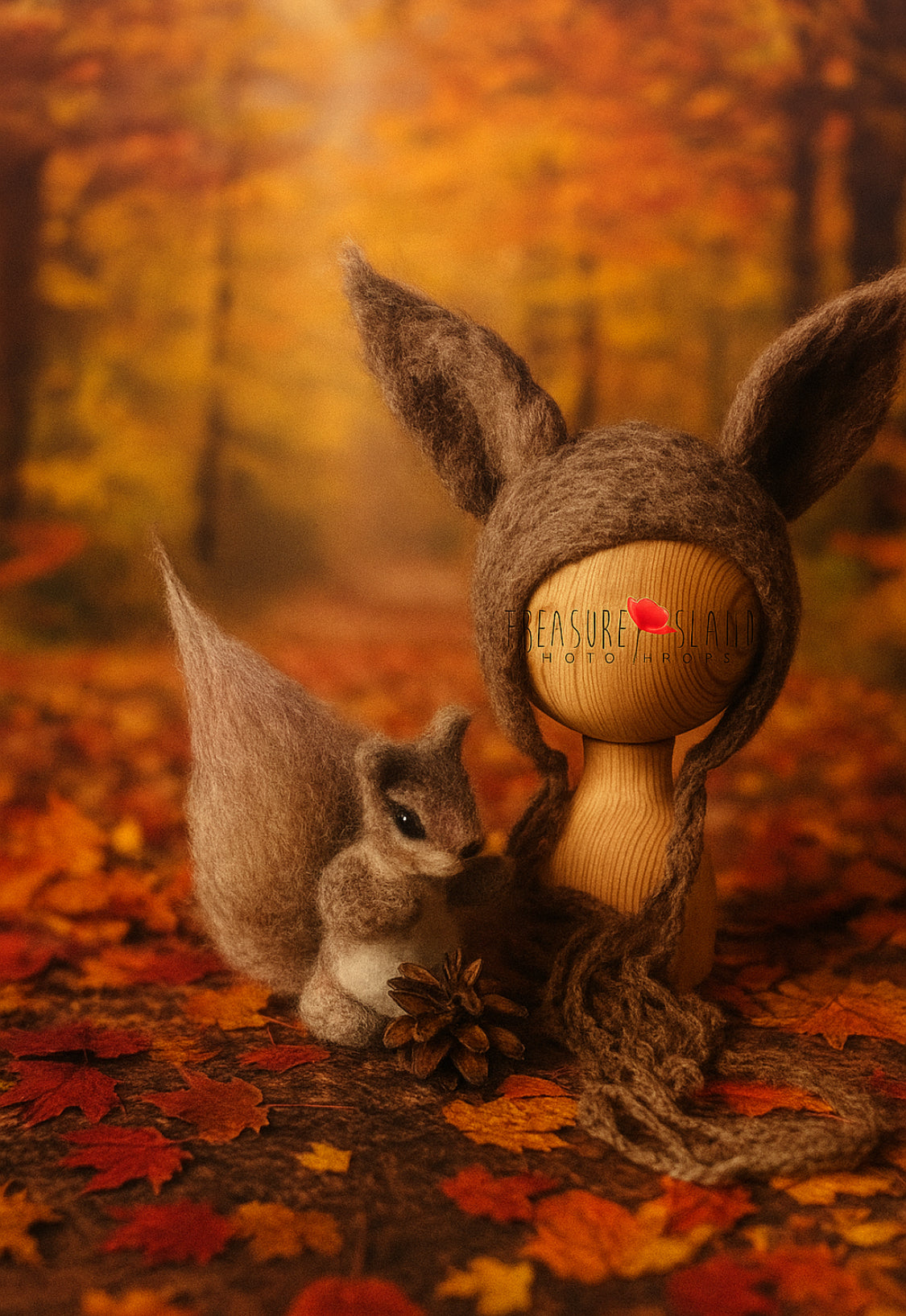 Brown felted squirrel bonnet and needle-felted squirrel companion for newborn and sitter photography