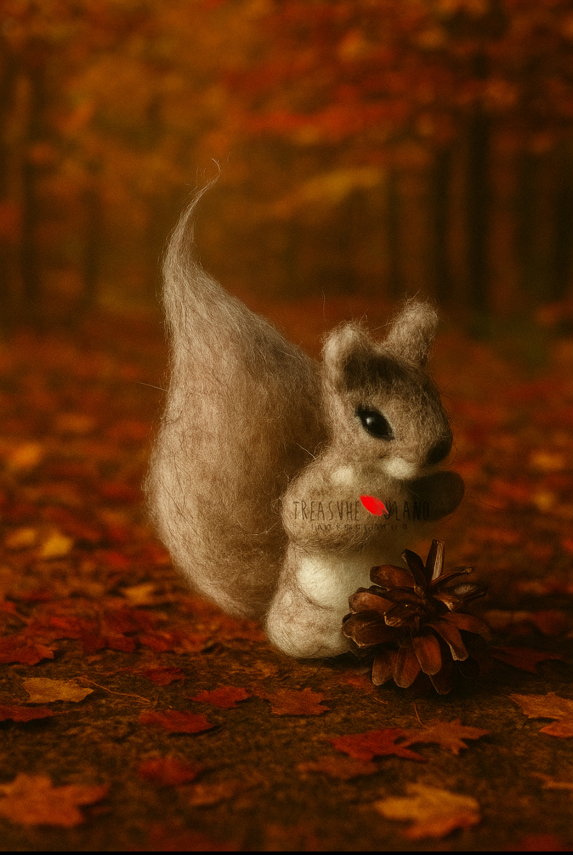 Brown felted squirrel bonnet and needle-felted squirrel companion for newborn and sitter photography