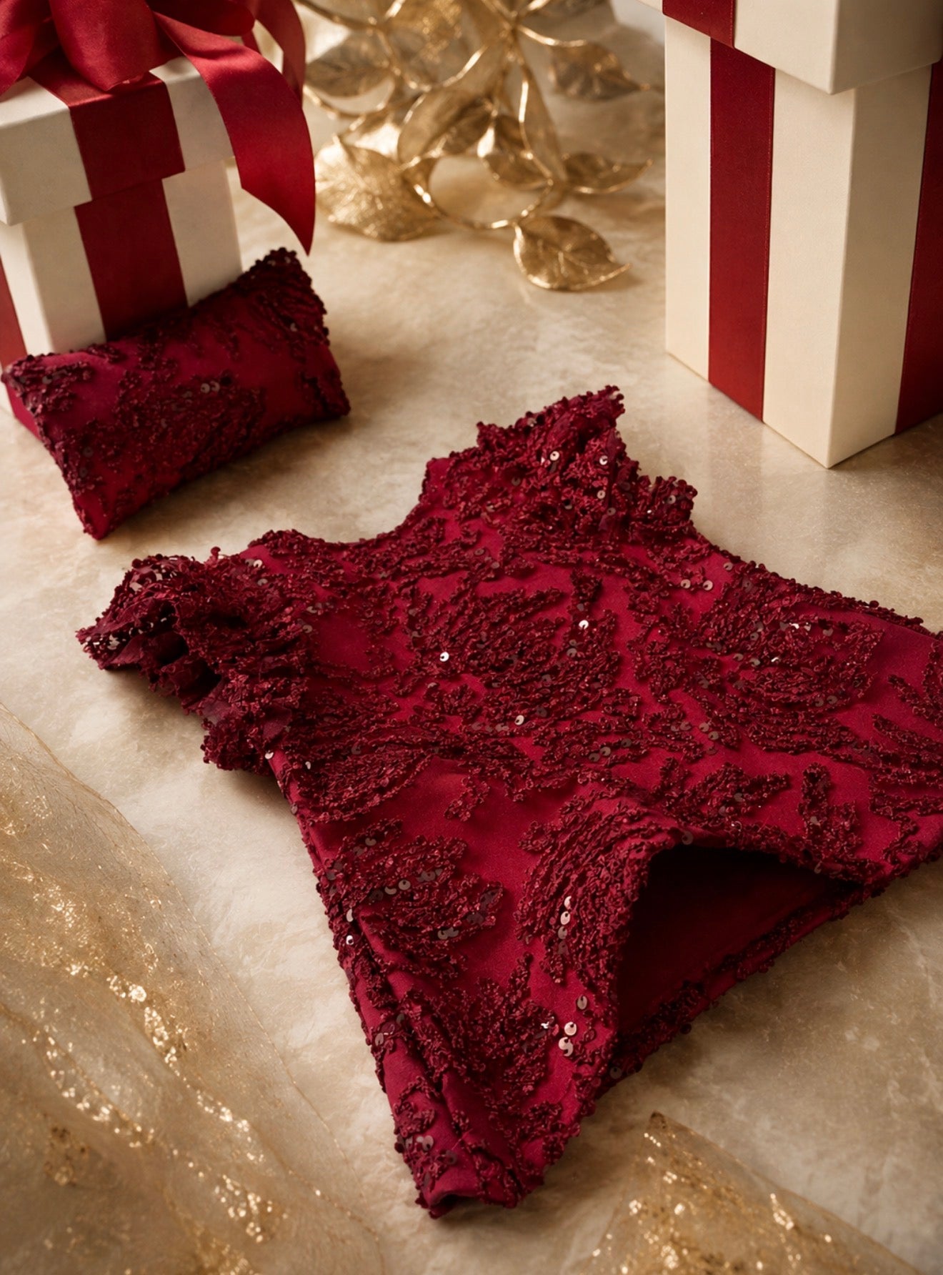 Limited edition burgundy newborn dress and matching pillow with intricate sequin embellishment
