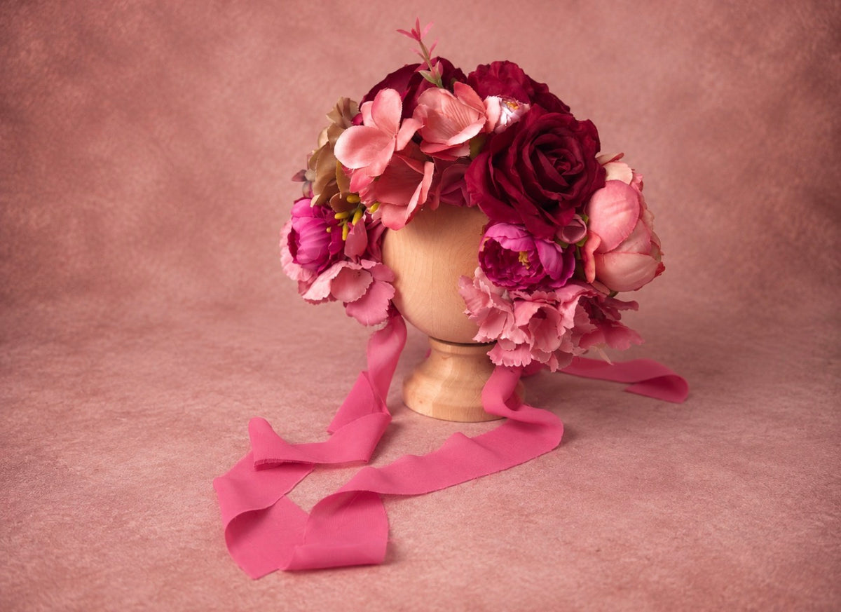 Burgundy Rose floral bonnet with wine and dusty pink artificial flowers for newborn and sitter photography
