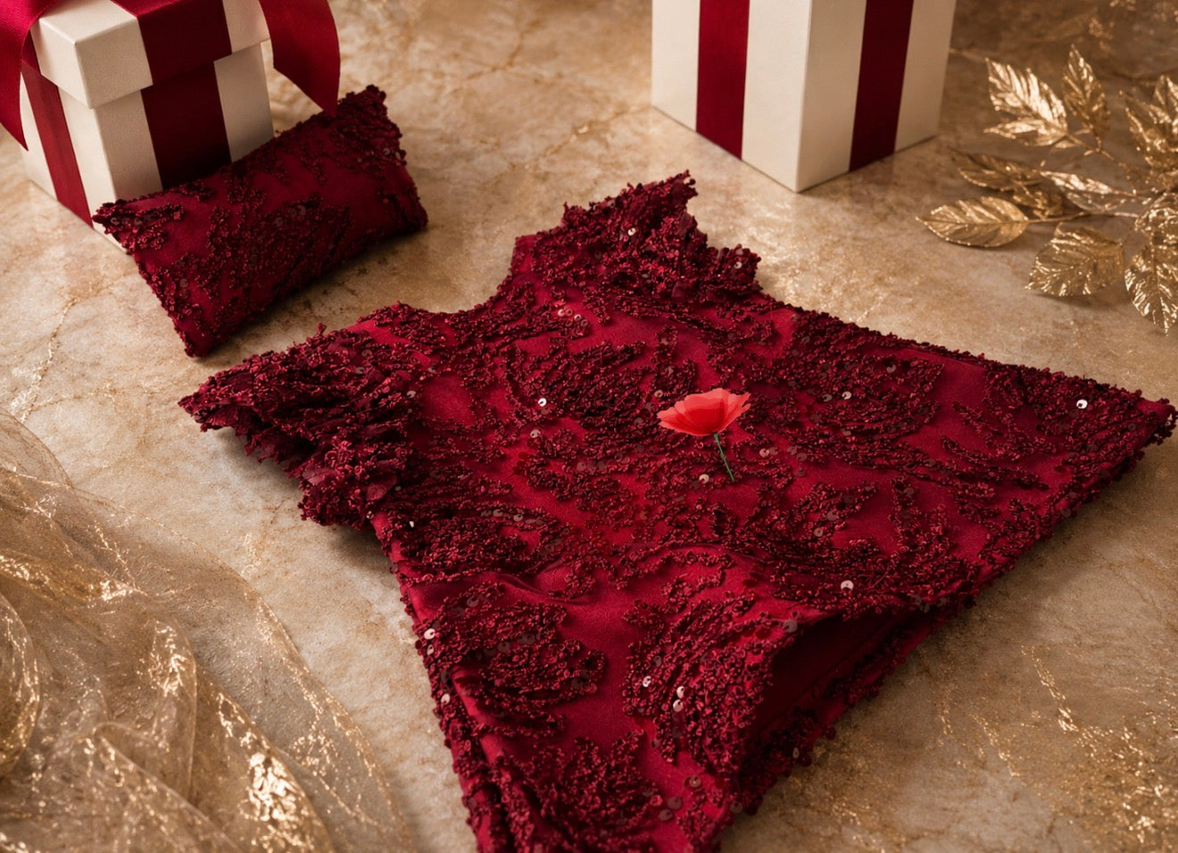 Burgundy sequin newborn photography dress with matching miniature pillow from a limited edition set