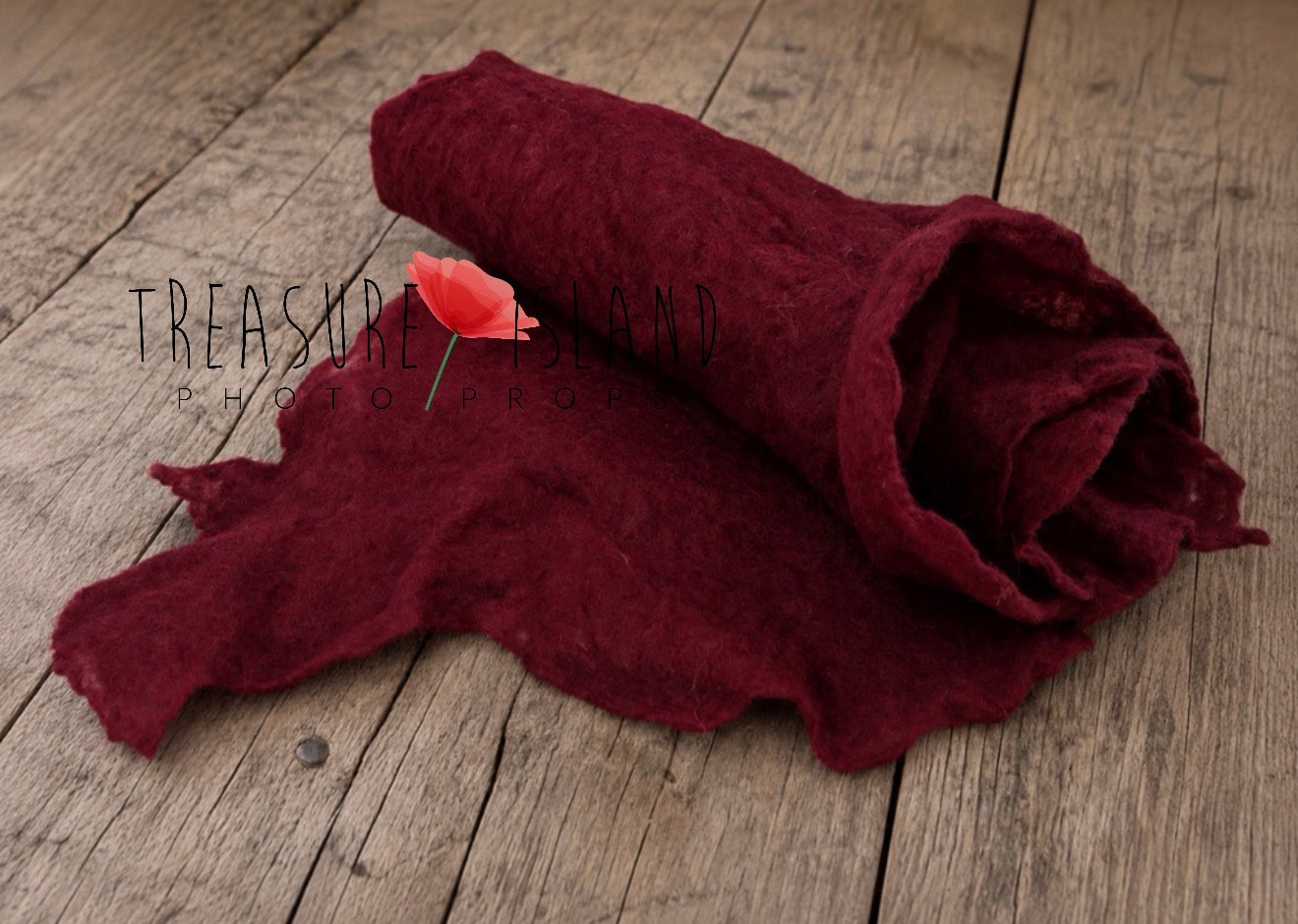 Burgundy wine hand-felted irregular wool blanket with organic edges for newborn photography