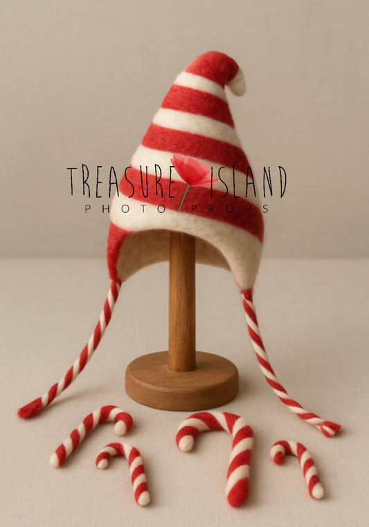 Hand-felted red and white Candy Cane bonnet with four mini candy canes for newborn photography