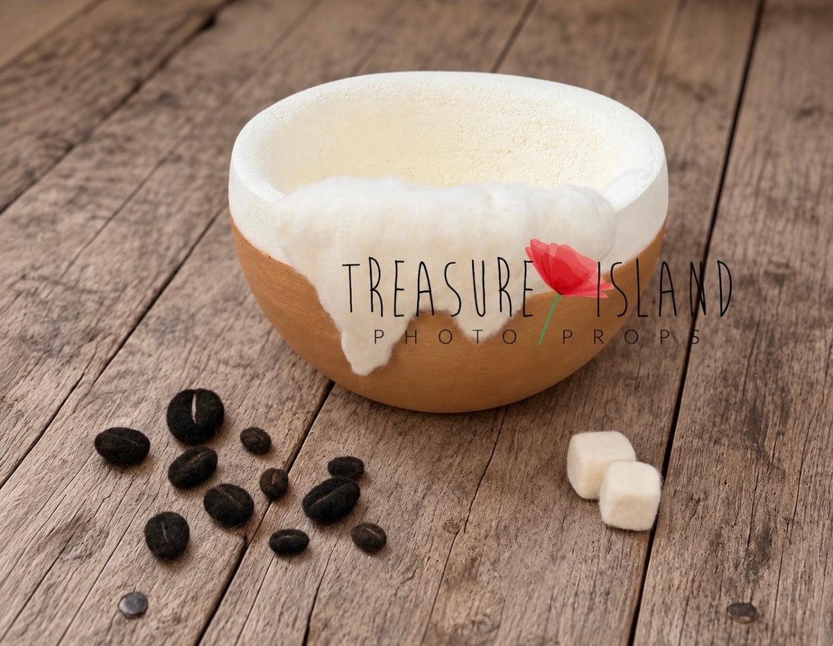 Cappuccino Dream handmade photography bowl with felted coffee beans and sugar cubes