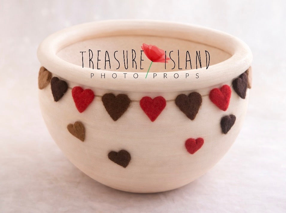Beige Chocolate & Red Heart Bowl with hand-felted wool hearts for newborn and sitter photography
