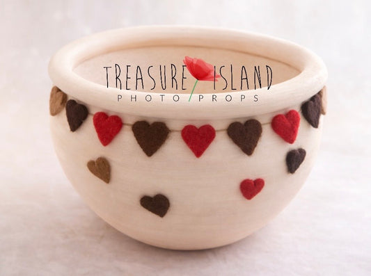 Beige Chocolate & Red Heart Bowl with hand-felted wool hearts for newborn and sitter photography