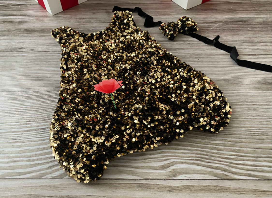 Chrstmas Black and gold sequin bubble baby photography dress with matching bow headband