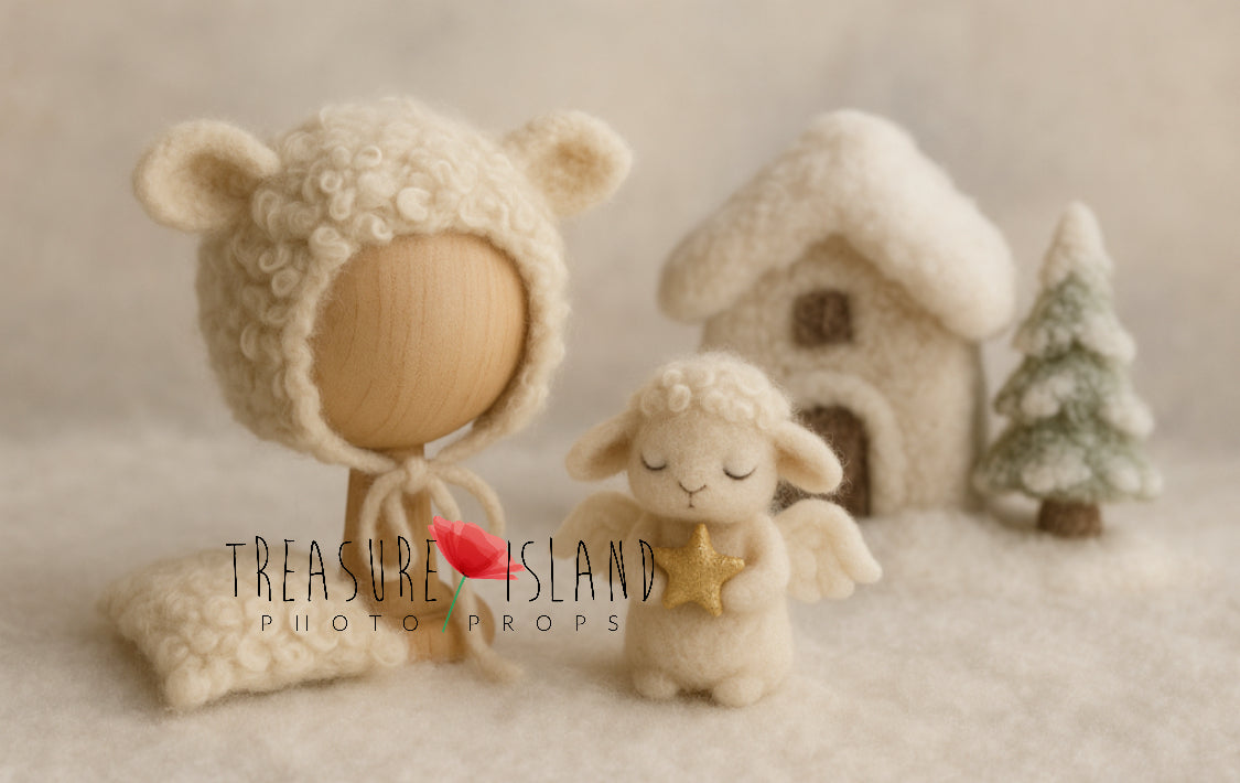 Christmas lamb angel photography set with felted bonnet, mini cushion, snowy cottage and winter tree