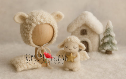 Christmas lamb angel photography set with felted bonnet, mini cushion, snowy cottage and winter tree
