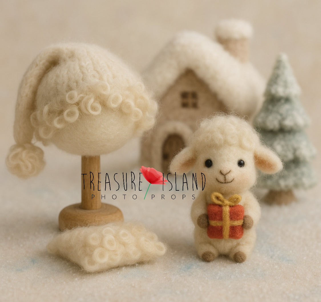 Christmas lamb pixie photography set with wool bonnet, felted lamb, curly cushion and snowy winter props