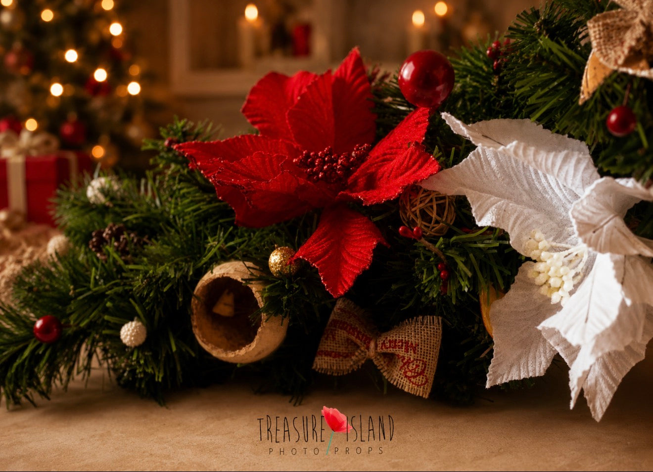 Christmas photography garland with red and white poinsettias, evergreen branches and rustic ornaments