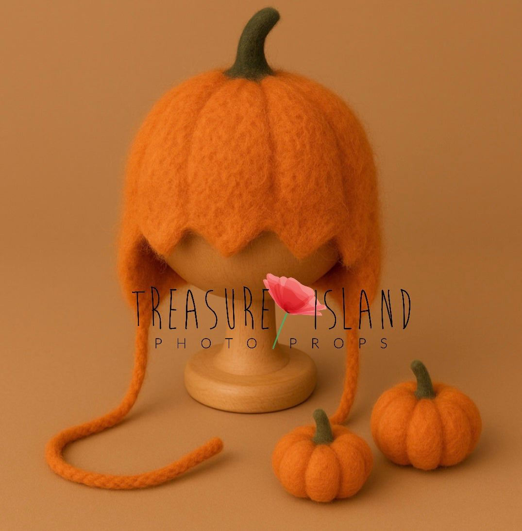 Classic orange pumpkin bonnet with two hand-felted mini pumpkins for newborn and sitter photography