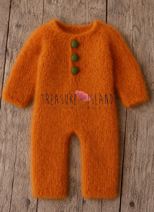 Orange Classic Pumpkin knitted romper with green felted buttons for newborn and sitter photography