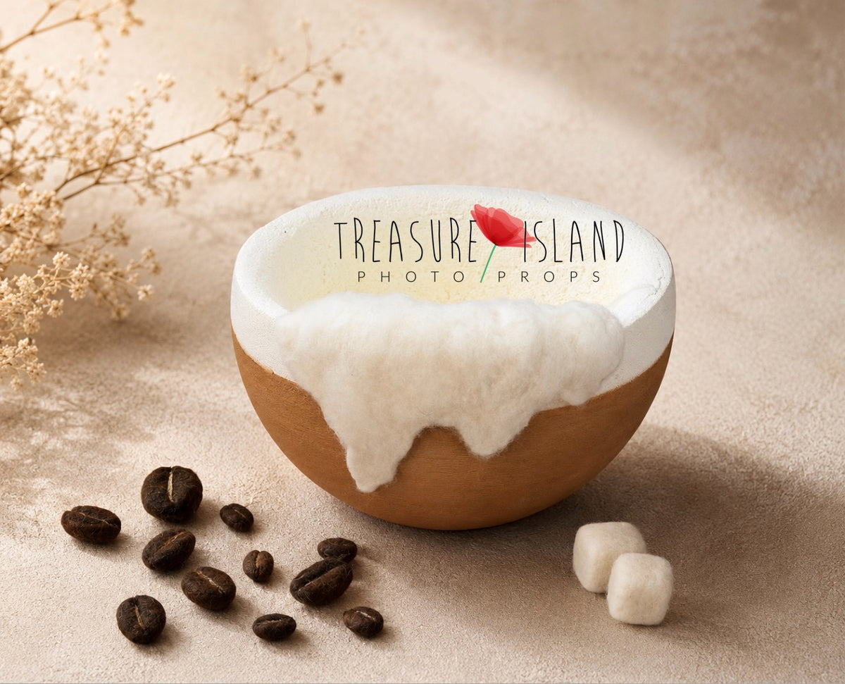 Coffee Dream Bowl Set with felted coffee beans and sugar cubes for newborn and sitter photography
