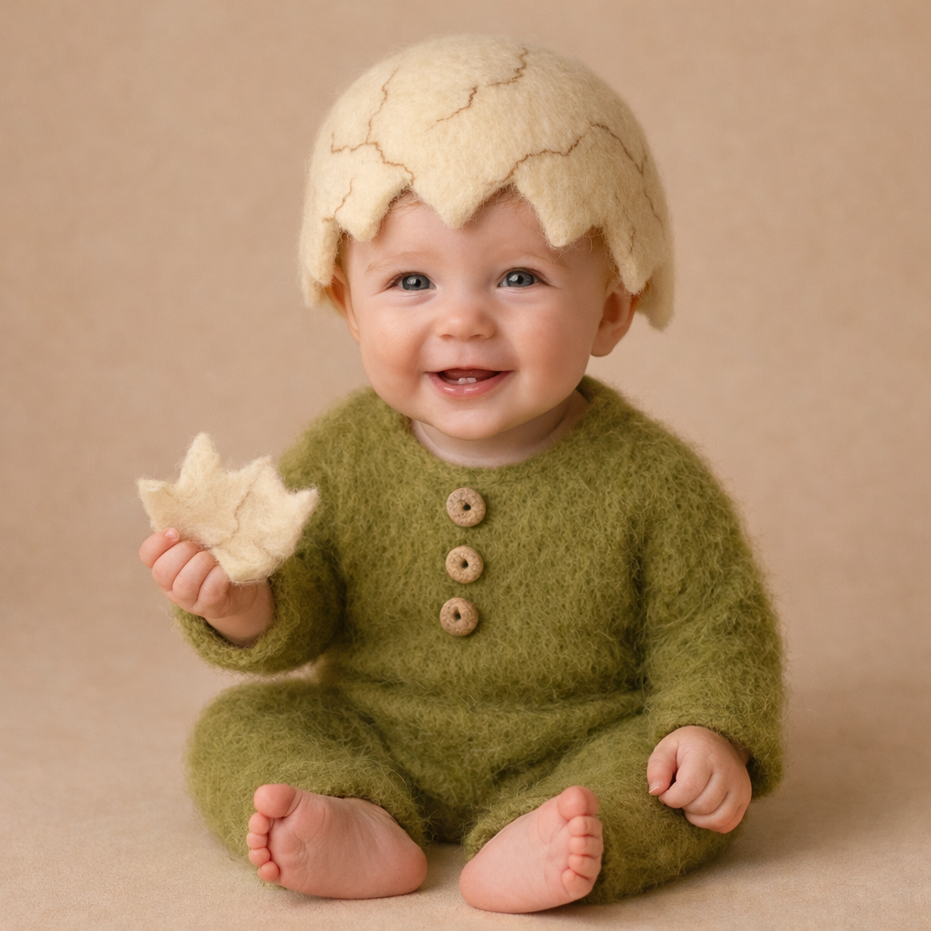 Sitter wearing hand-felted Dino Eggshell Bonnet with green knitted romper