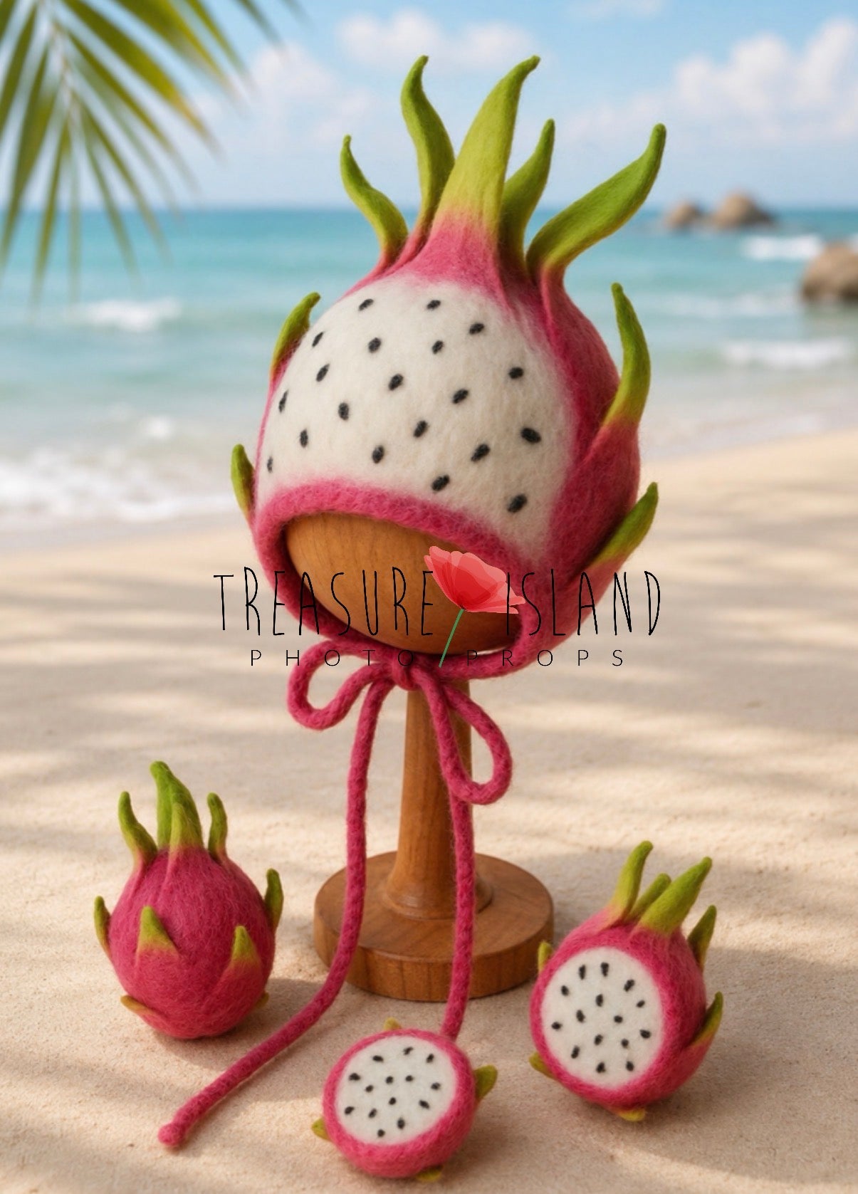 Hand-felted dragon fruit bonnet and miniature fruit props for newborn and sitter tropical photography sessions