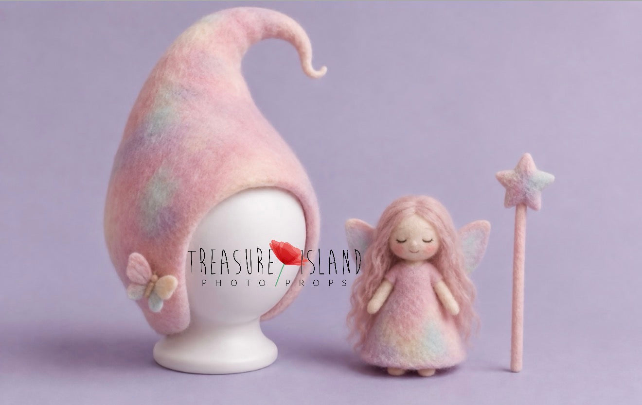 Hand-felted pastel fairy newborn photography set with long fairy bonnet, miniature fairy doll and matching star wand