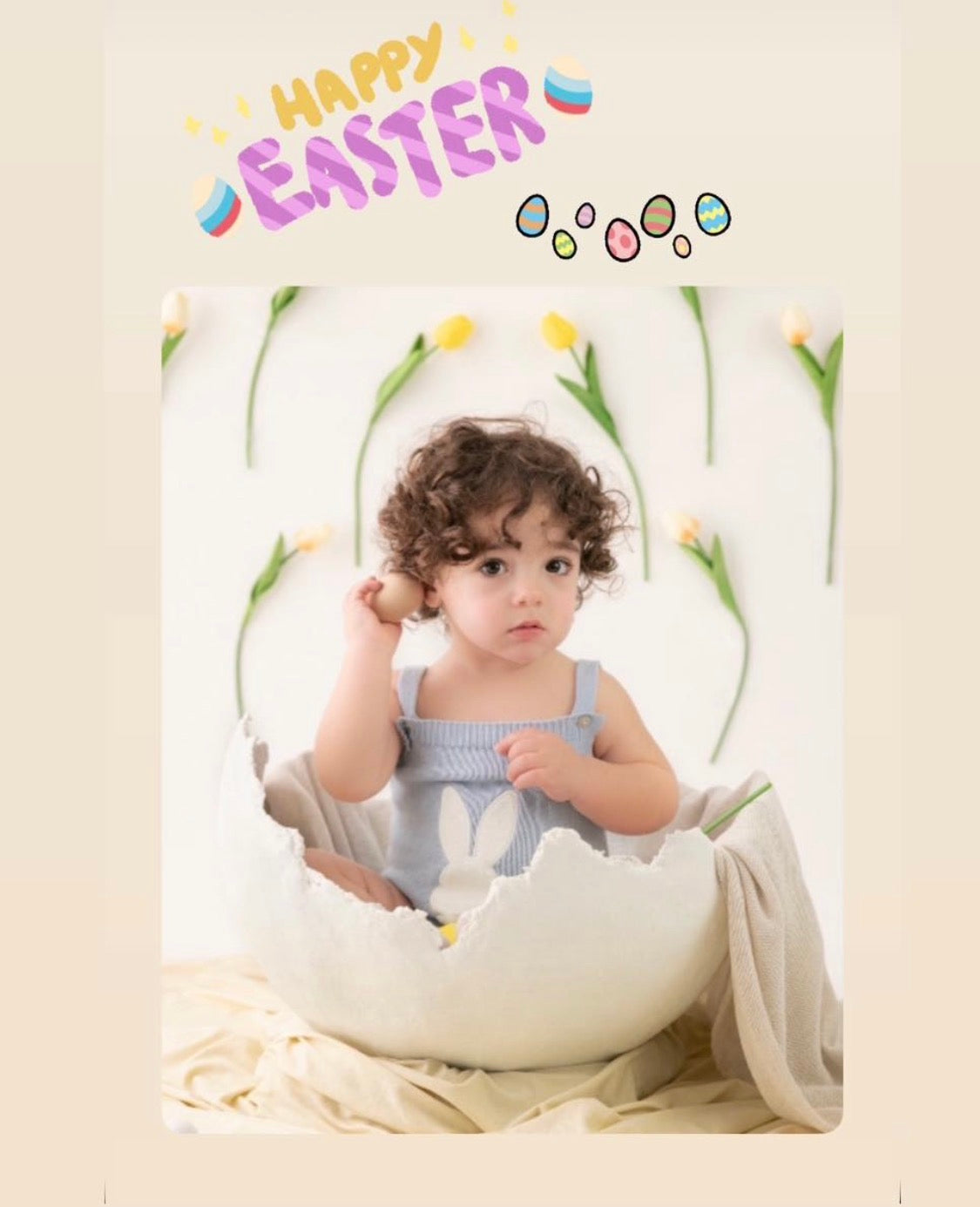 Sitter Easter photography setup styled with a handmade plaster eggshell