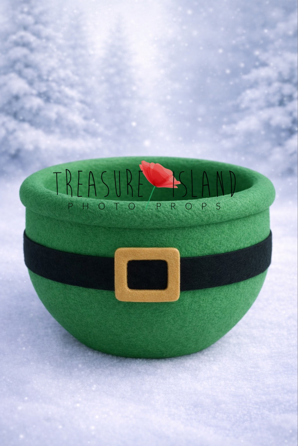 Green Elf style styrofoam photography bowl with hand-felted black belt and gold buckle for newborn and sitter Christmas sessions