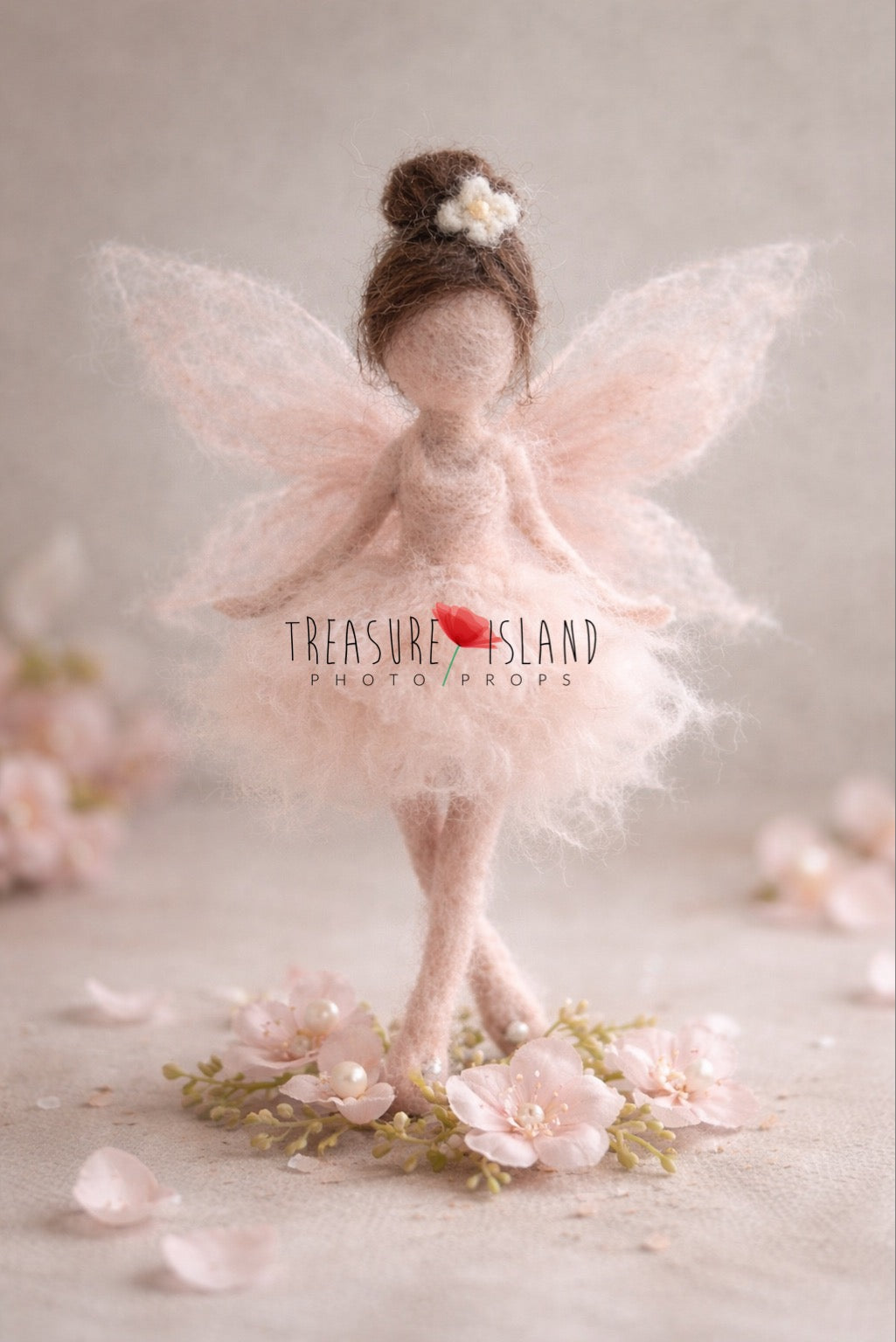 Elowen Blossom Fairy hand-felted in blush pink wool with delicate wings for newborn photography