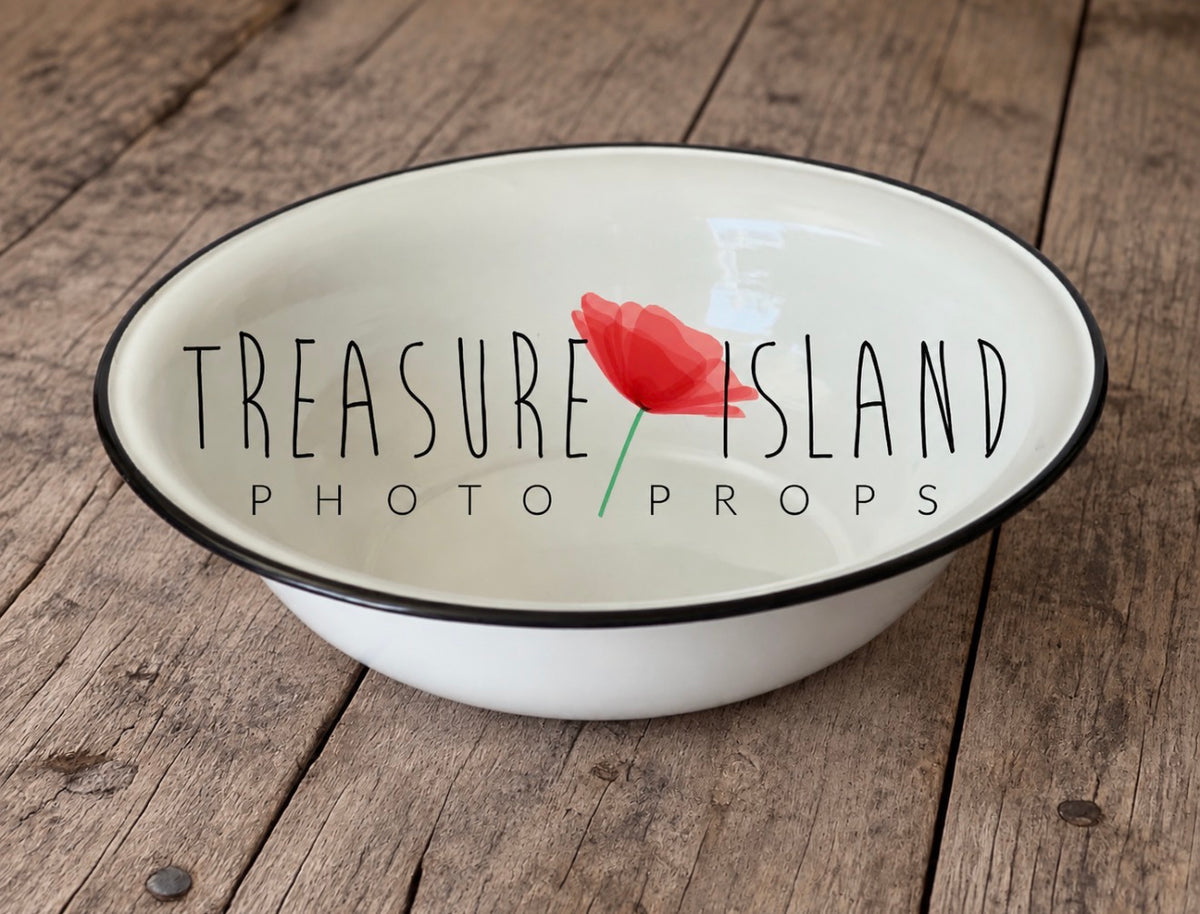 White enamel sitter photography bowl with contrasting black rim