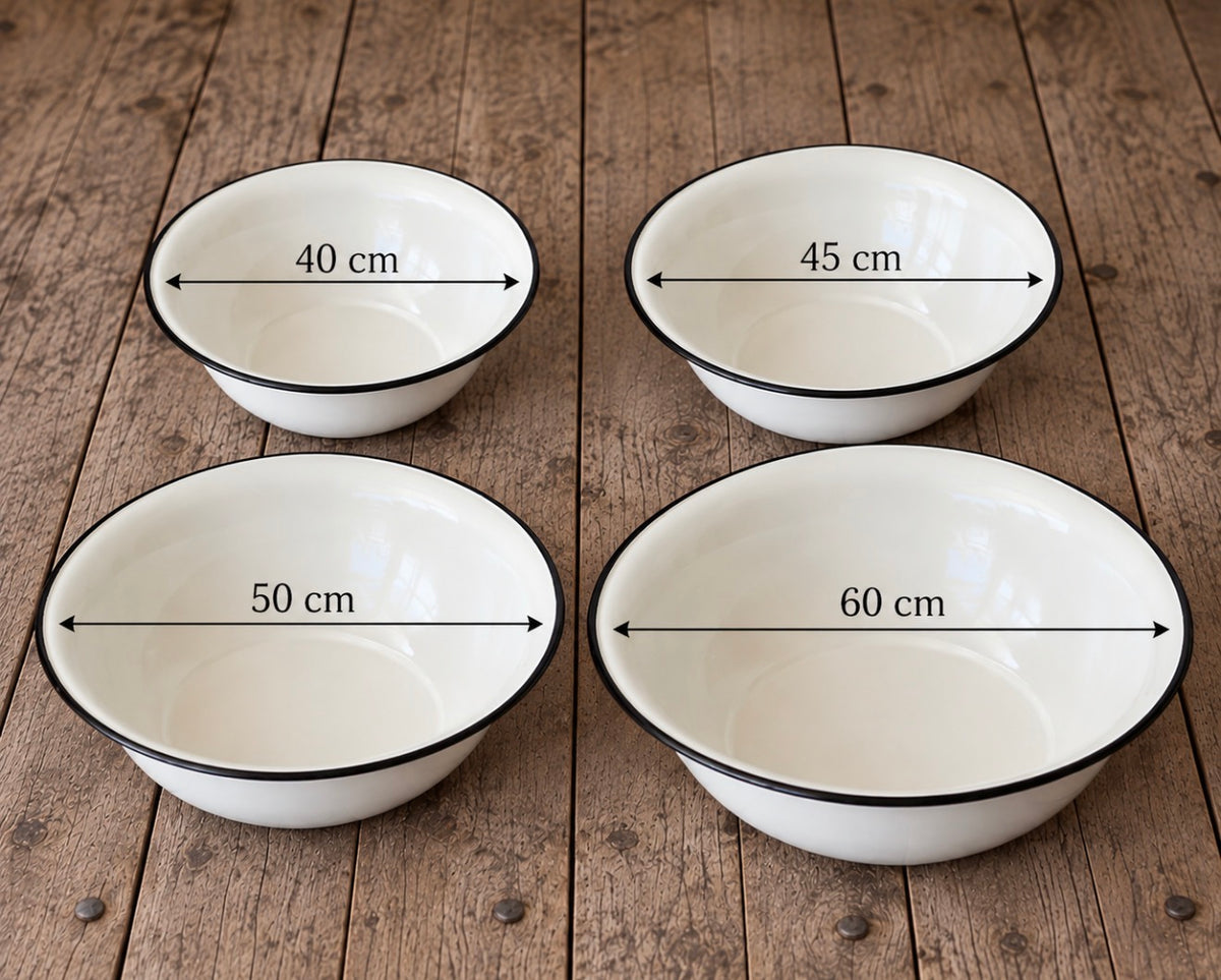 White enamel photography bowl size guide showing 40, 45, 50 and 60 cm diameter options