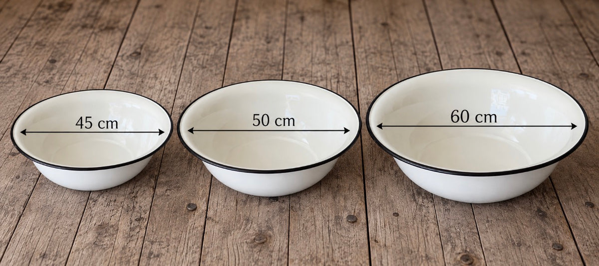 Enamel photography bowl size comparison showing 45, 50 and 60 cm diameters