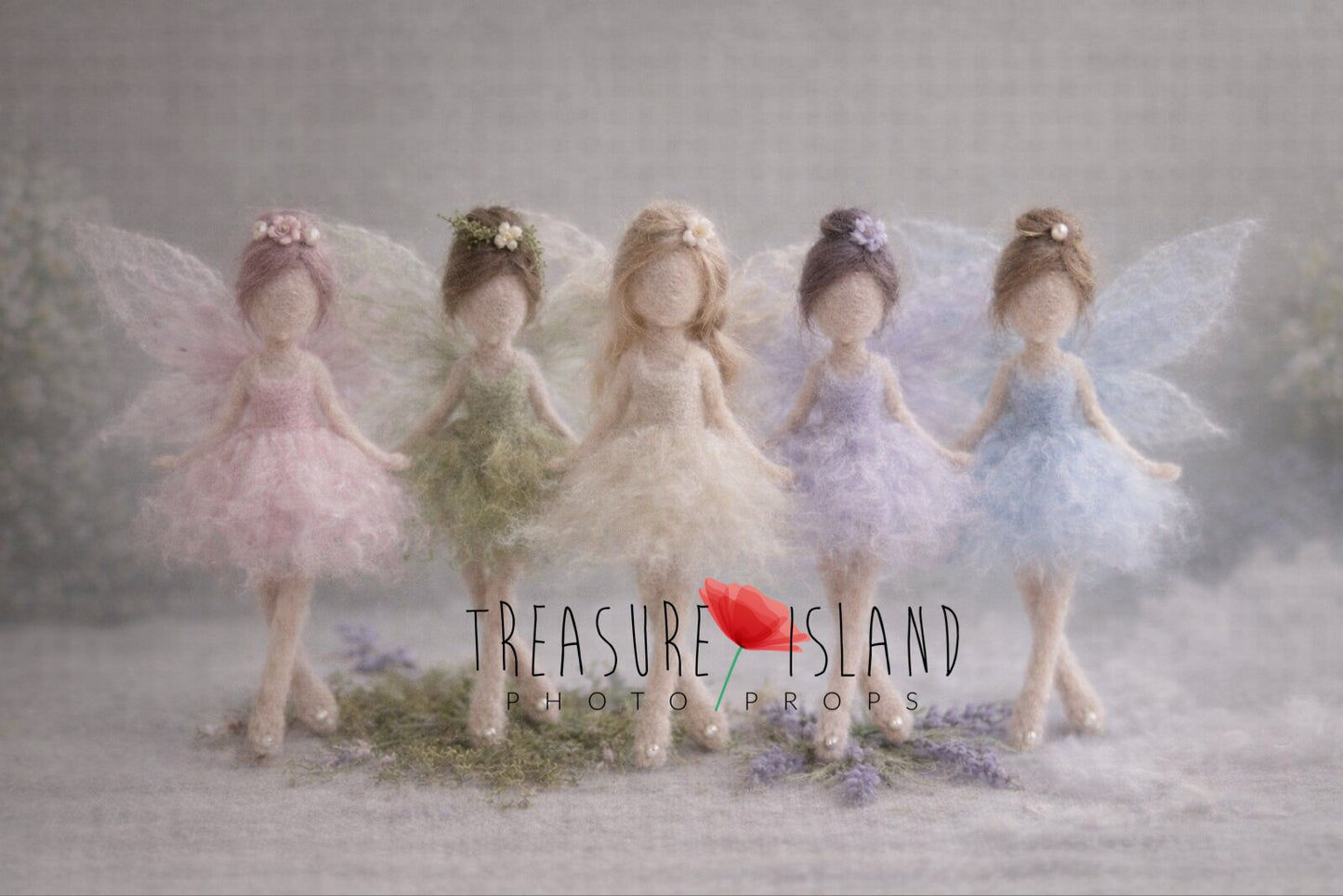 Five hand-felted miniature wool fairies in pastel colors with delicate wings for newborn photography