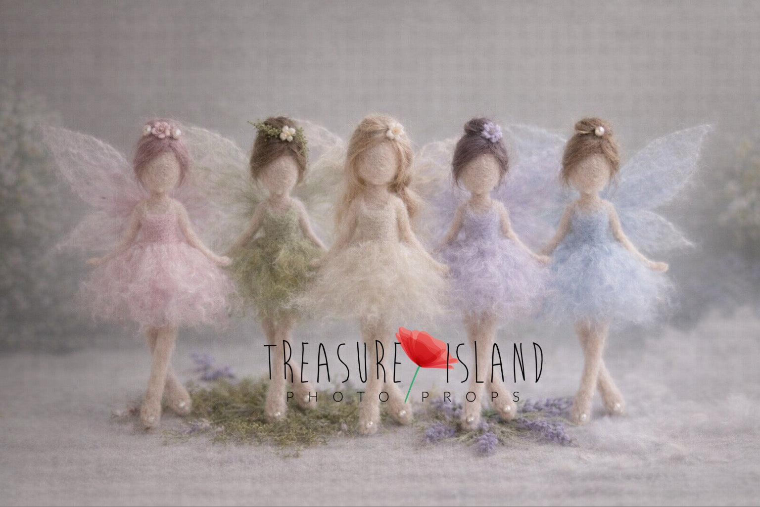 Five hand-felted miniature wool fairies in pastel colors with delicate wings for newborn photography