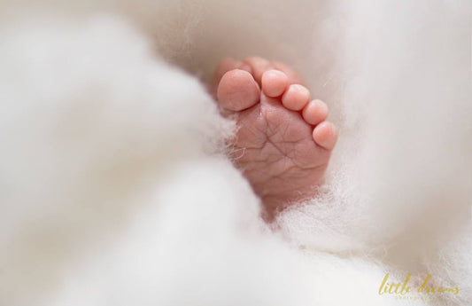 Close-up of a newborn baby's tiny foot surrounded by the soft, fluffy white wool fibres of the Extra Fluffy Wool Cloud Photography Props