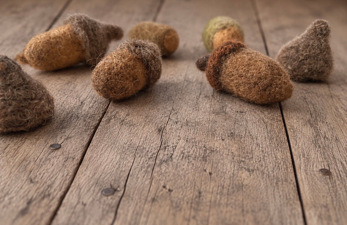 Felted acorn set in natural brown and earthy tones arranged for autumn and woodland photography setups