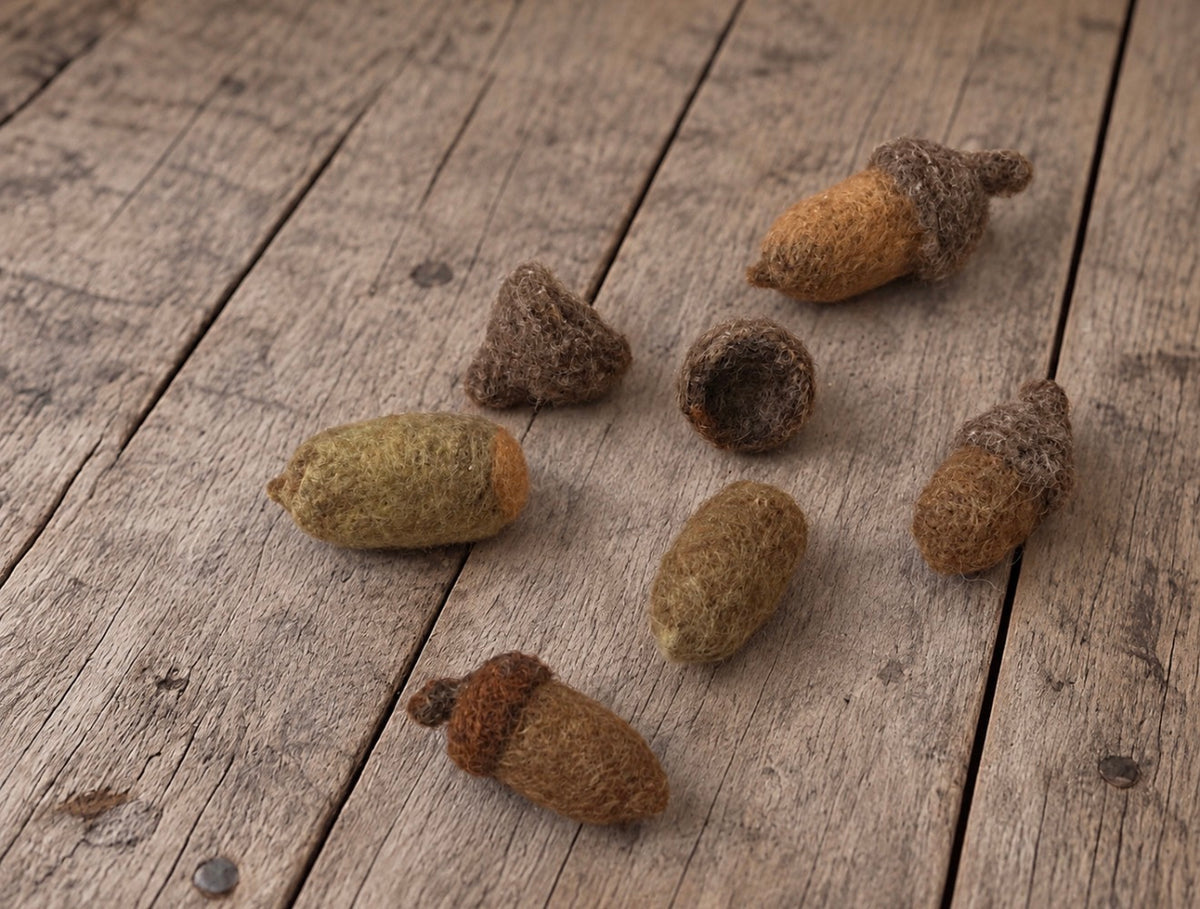 Seven-piece handmade felted acorn set with three complete acorns, two separate acorns and two removable caps