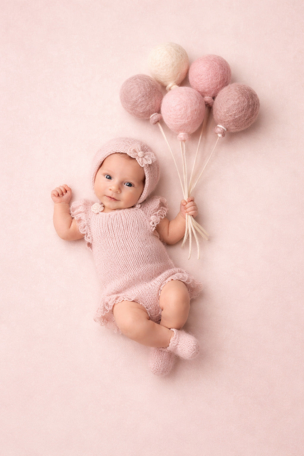 Pink felted wool balloon set styled for newborn photography