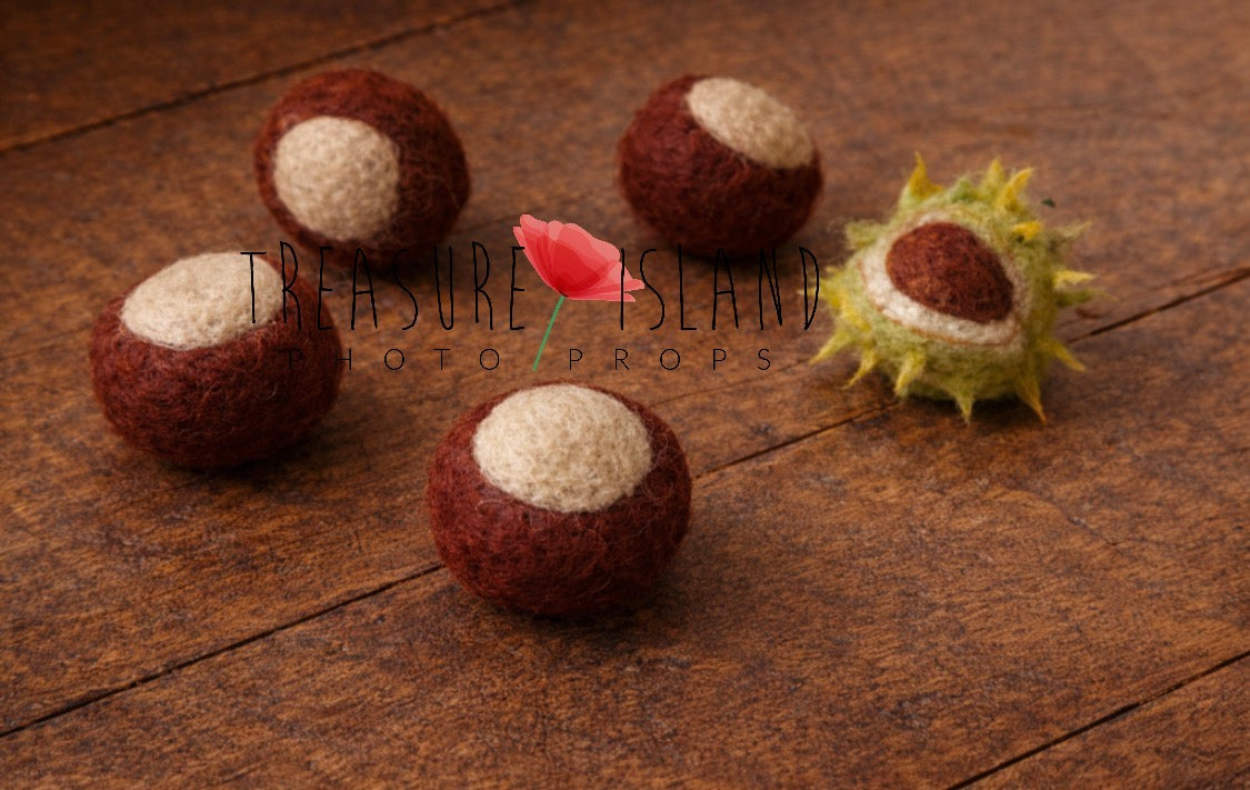 Five-piece felted chestnut set in brown cream and green for woodland newborn photography styling