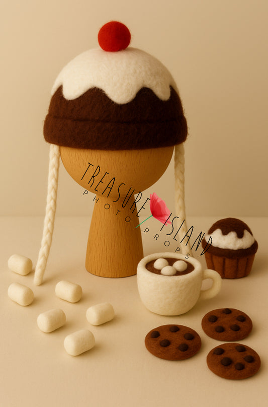 Hand-felted chocolate cupcake bonnet with hot cocoa, cookies and marshmallows newborn photography props