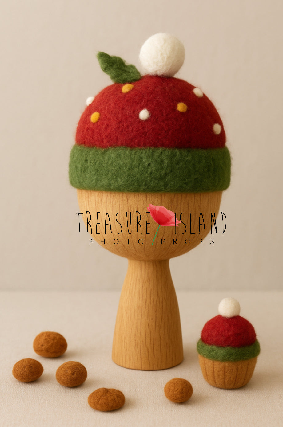 Red and green hand-felted Christmas cupcake bonnet with mini cupcake and felted nuts for newborn photography
