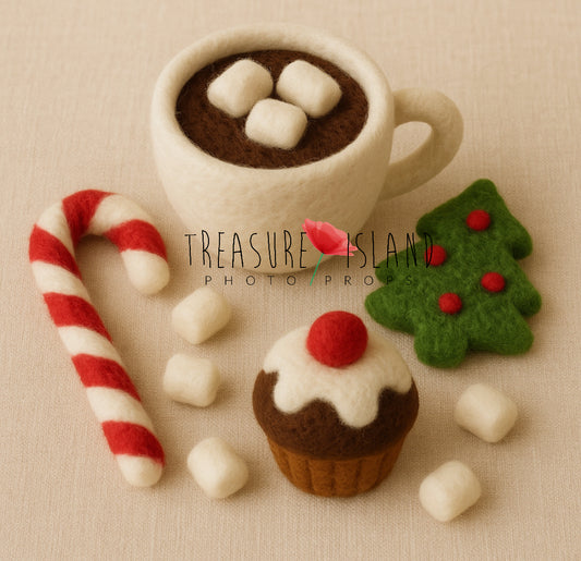 Hand-felted Christmas cupcake bonnet with mini cupcake, hot chocolate, marshmallows and cookies for newborn photography