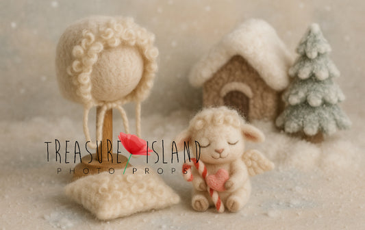 Felted Christmas lamb angel photography prop set with bonnet, mini cushion, snowy cottage and Christmas tree