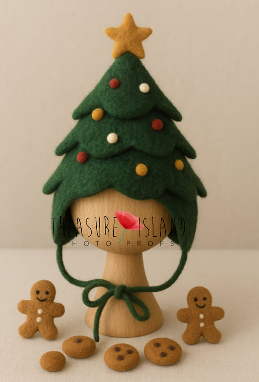 Hand-felted Christmas tree bonnet with miniature gingerbread men and cookies for newborn photography