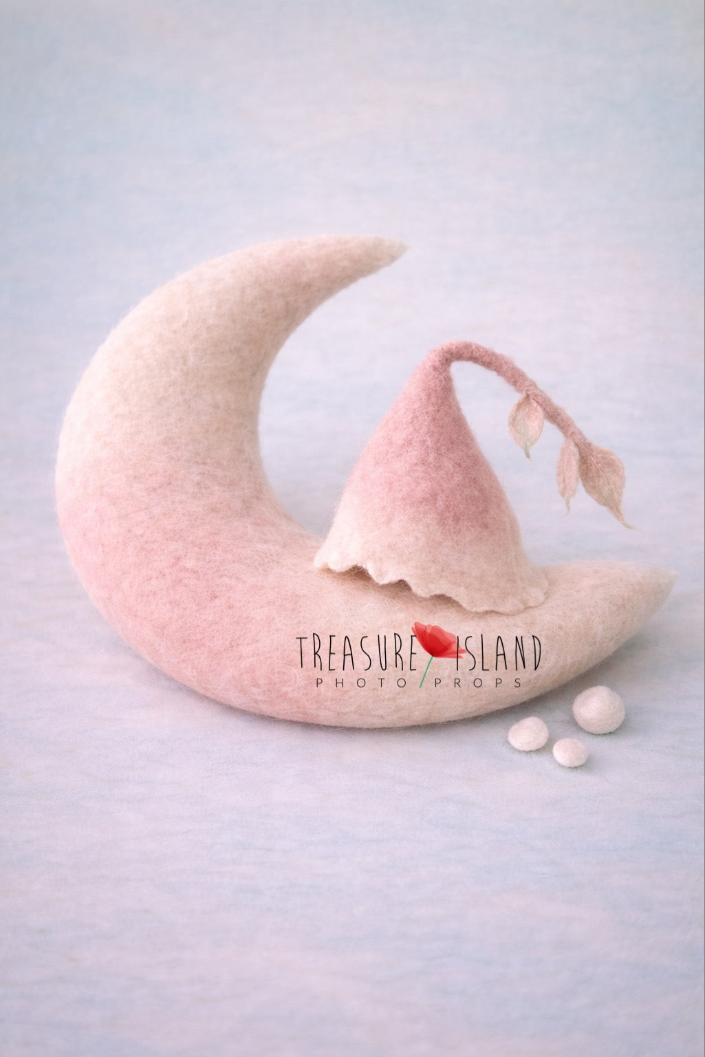 Hand-felted crescent moon and matching bonnet with miniature dew drops for newborn photography