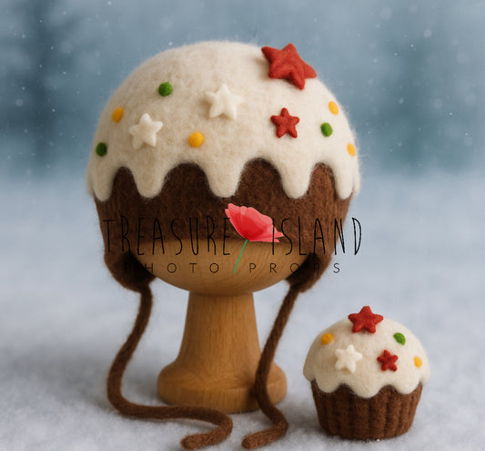 Handmade felted cupcake hat with matching mini cupcake for newborn and sitter photography