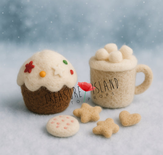 Handmade felted cupcake, marshmallow drink and miniature sweets for newborn photography